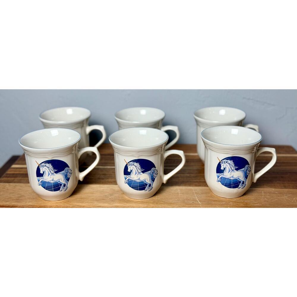 Vintage Unicorn Set of 6 | 1980s Blue & White Fantasy Coffee| Unicorn and Stars - Picture 3 of 11